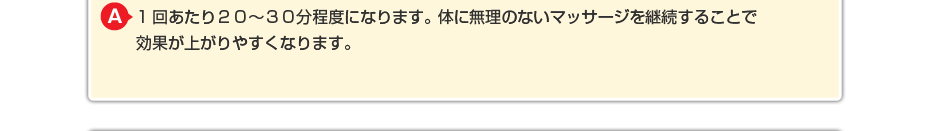 1回あたり20~30分程度になります。体に無理のないマッサージを継続することで効果が上がりやすくなります。